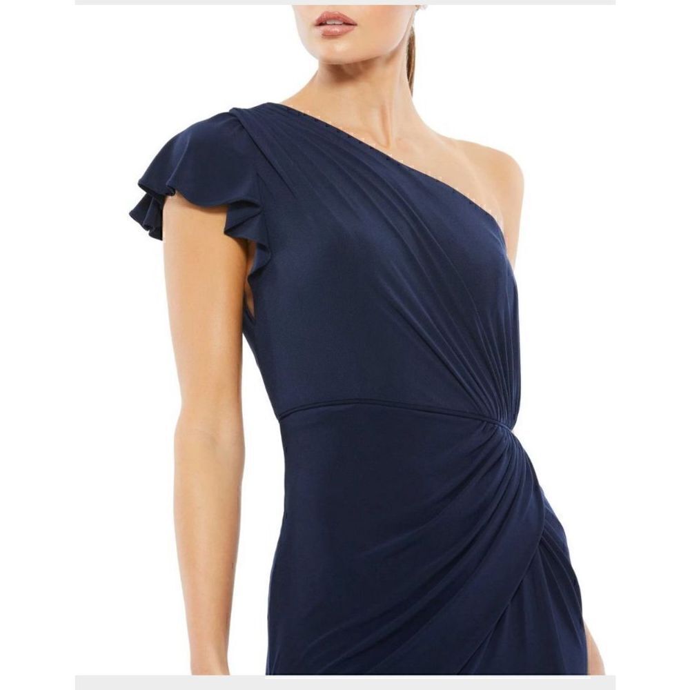 Mac Duggal Ruffle One-Shoulder Jersey Gown In Navy Nwt Size 4